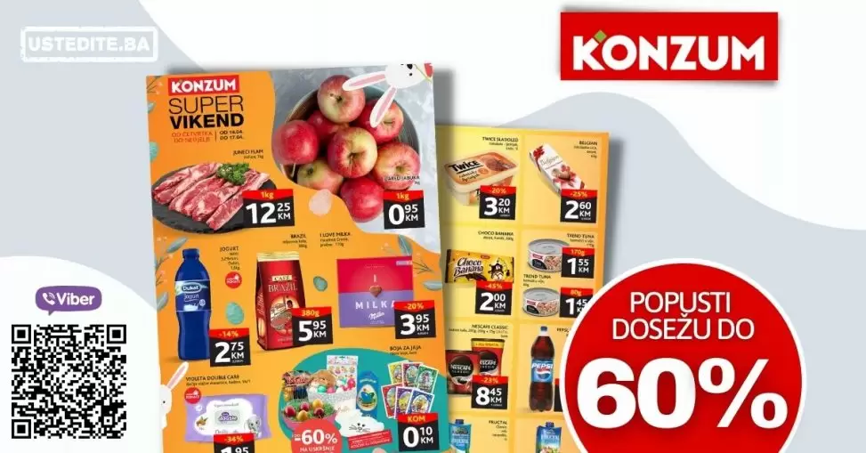 Nova Konzum vikend akcija donosi nam popuste i do 60%! Svjeze meso, mlijecni asortiman, kafa, puter, maslac samo su neki od sniženih proizvoda!
