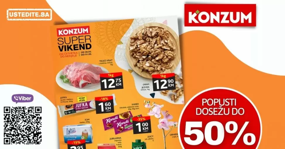 Konzum vikend akcija donosi nam snižene cijene kafe, svjezeg mesa, oraha, mesnih preradjevna i još mnogo toga! Posjetite Konzum prodavnice i iskoristite popuste.