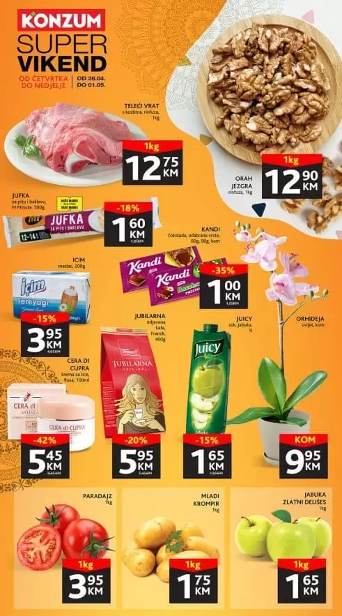 Konzum vikend akcija donosi nam snižene cijene kafe, svjezeg mesa, oraha, mesnih preradjevna i još mnogo toga!  Posjetite Konzum prodavnice i iskoristite popuste. 