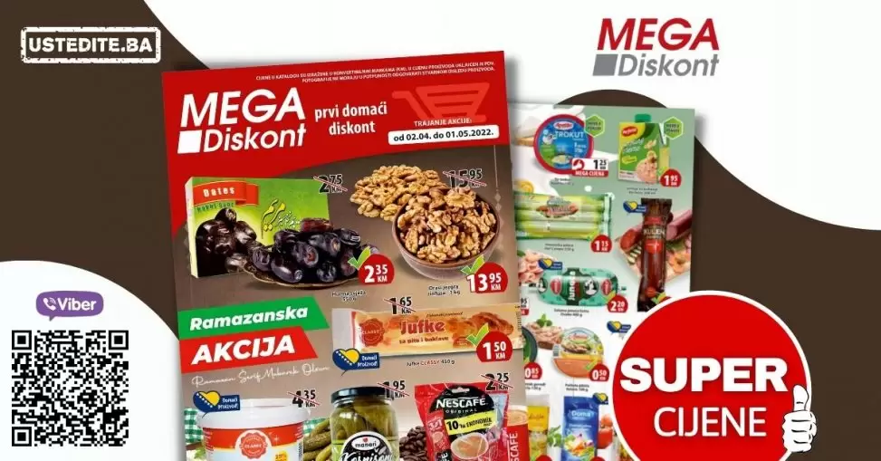 Mega Diskont katalog nam donosi odlične akcijske cijene za Ramazan. Pogledajte: akcijske cijene oraha, akcijske cijene hurmi. Mesne preradjevine i mljecni proizvodi su takodjer na akciji. Veliki izbor prehrambenih namirnica po super cijenama!