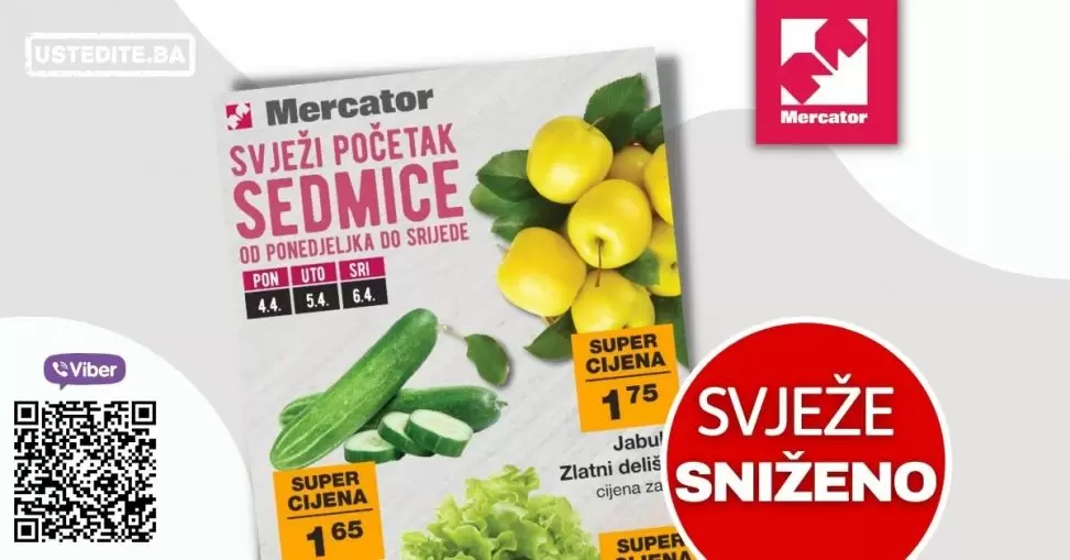 Mercator akcija za pocetak sedmice donoosi nam super cijene jabuka, zelene salate, krastavaca, mrkve, luka i krompira. Potrazite i junjeci but po akcijskoj cijeni. Obradovat ce vas i snizena cijena meggle jogurta i perutnine ptuj salame.