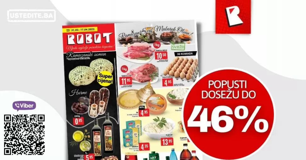 Sjajna ponuda u novom Robot katalog-u! Akcijske cijene hrane, kućne hemije, namještaja, bijele  ugradbene tehnike, odjeće... Pogledajte i uštedite! Robot kataloška akcija 31.03-17.04.2022. godine!