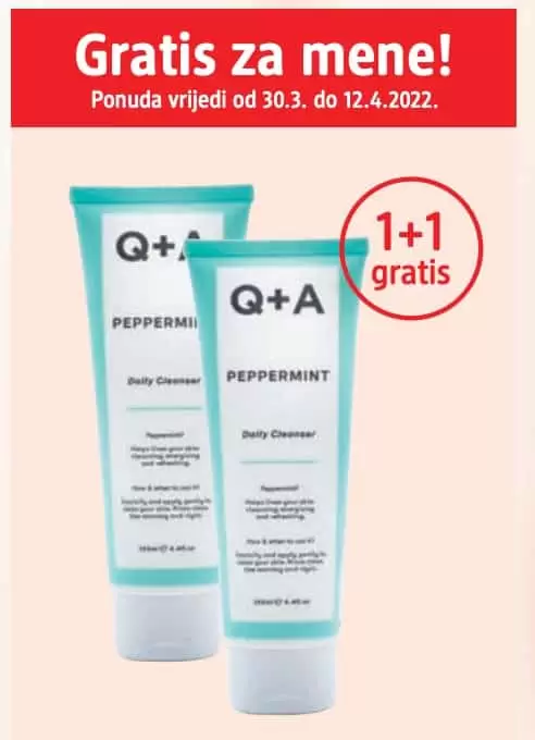 Kupovinom dva Q+A Peppermint gela za čišćenje lica od 125 ml, jedan proizvod plaćate, a drugi dobijate na poklon.