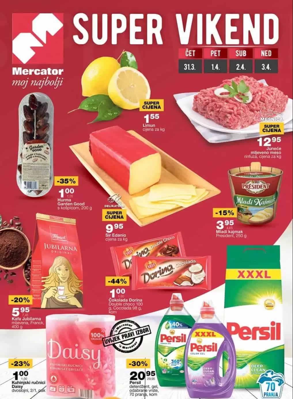 Mercator vikend katalog donosi nam super cijene u Mercator prodavnicama. U ovom Mercator katalog-u pronaći ćete hranu po snižnim cijenama. Na sniženju su jaja, crveno meso, bijelo meso- bataci, smrznuta hrana, zuti tvrdi sir, hurme, kafa. Odlične akcijske cijene i deterdženata za veš!