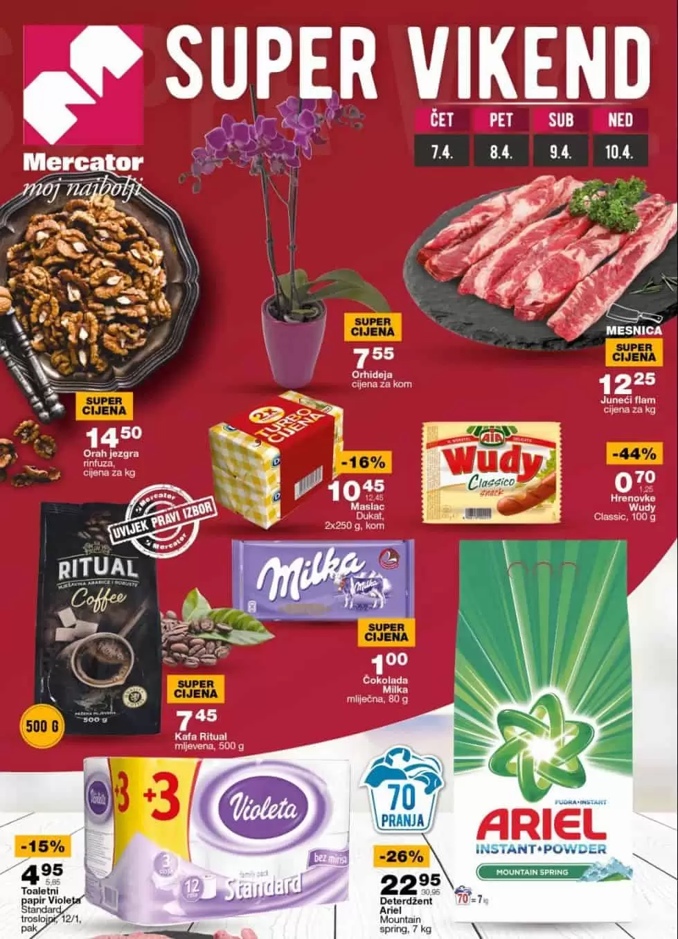 Prehrambene prozivode, deterdžente, prozivode za ličnu higijenu možete pronaći u novom Mercator katalog-u po sniženim cijenama. Popusti dosežu i do čak 50%, stoga požurite u najbližu Mercator prodavnicu u BiH!