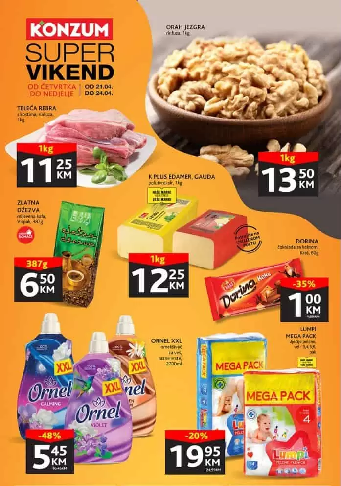 Konzum vikend akcija donosi nam popuste i do 48%! jezgra samo 13,50 KM/kgTeleća rebra 11,25 KM/kg