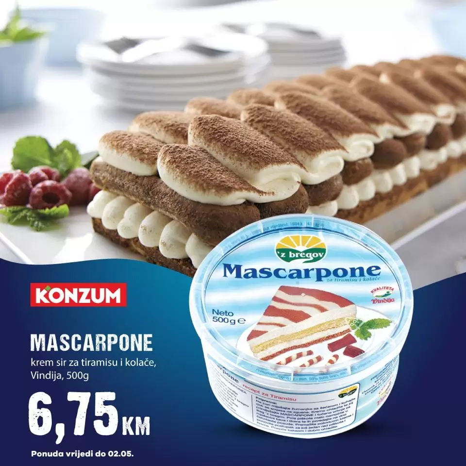 MASCARPONE Savršen krem sir za tiramisu i ukusne kolače, 500 g samo 6,75 KM.