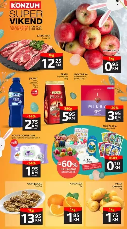 Nova Konzum vikend akcija donosi nam popuste i do 60%! Svjeze meso, mlijecni asortiman, kafa, puter, maslac samo su neki od sniženih proizvoda!