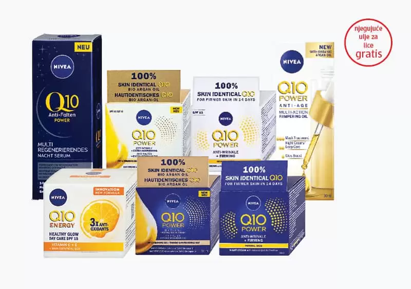 Kupovinom NIVEA Q10 noćnog seruma za lice od 30 ml ili Q10 krema za lice od 50 ml od navedenih: Energy dnevna krema protiv bora, SPF 15, ekstra hranjiva dnevna ili noćna krema, Power dnevna ili noćna krema protiv bora, na kasi preuzmite NIVEA Q10 Power Anti-Age njegujuće ulje za lice od 30 ml na poklon.