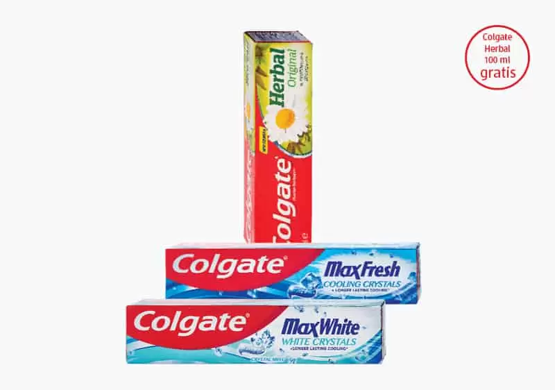Kupovinom jedne od navedenih Colgate pasti za sube: MaxWhite ili MaxFresh od 125 ml, na kasi preuzmite Colgate Herbal Original pastuu za zube od 100 ml na poklon.