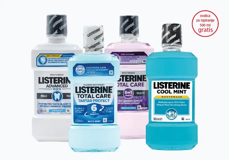 Kupovinom bilo koje LISTERINE vodice za ispiranje usta od 500 ml, na kasi preuzmite LISTERINE Cool Mint vodicu za ispiranje usta od 500 ml na poklon.