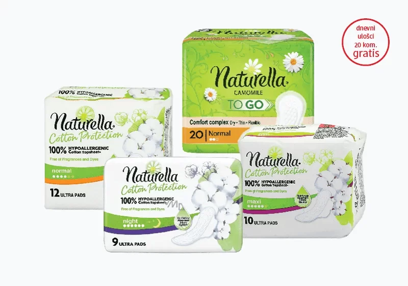 Kupovinom bilo kojih naturella Cotton Protection higijenskih uložaka, na kasi preuzmite naturella Comfort complex dnevne uloške od kamilice od 20 kom. na poklon.