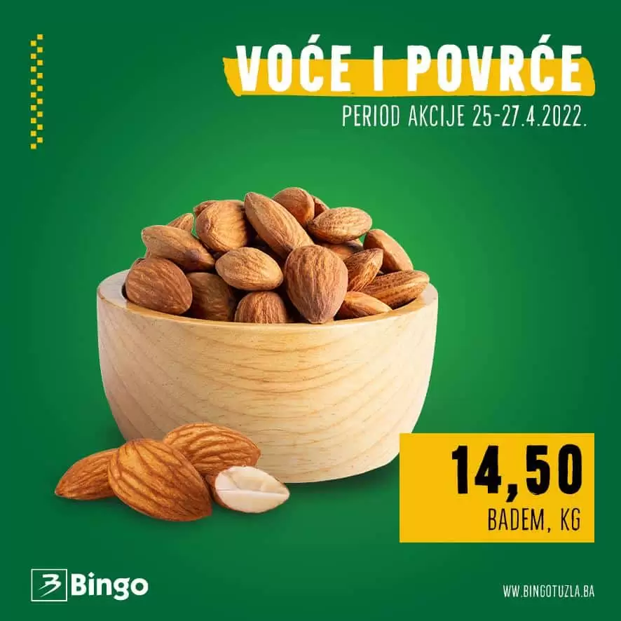 Akcijska cijena badema u Bingo trgovinama. Kupite bademe po super cijeni od 14,50 KM!