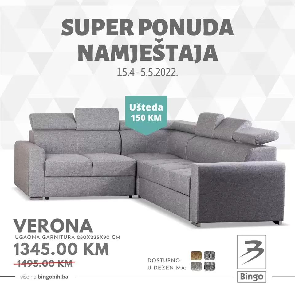 Bingo katalog NAMJEŠTAJ donosi nam popuste i do 150 KM na odabrane proizvode! TV stalak, komode za TV, ugaone garniture samo su do ove super ponude!