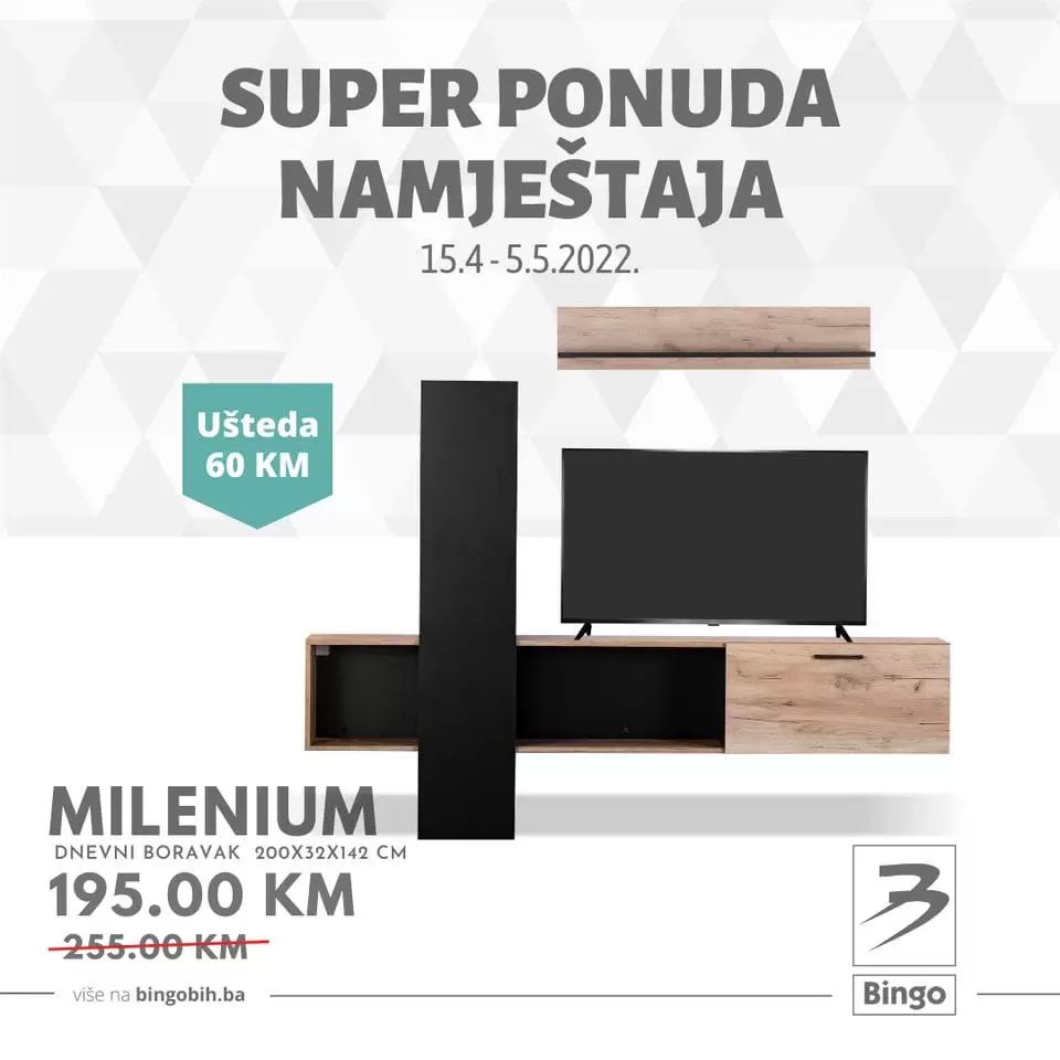Bingo namještaj super akcija do 05.05.2022. .Potreban vam je novi krevet, komoda ili stol za dnevni boravak? Posjetite Bingo trgovine do 5. maja i pronađite super ponudu namještaja po odličnim cijenama.