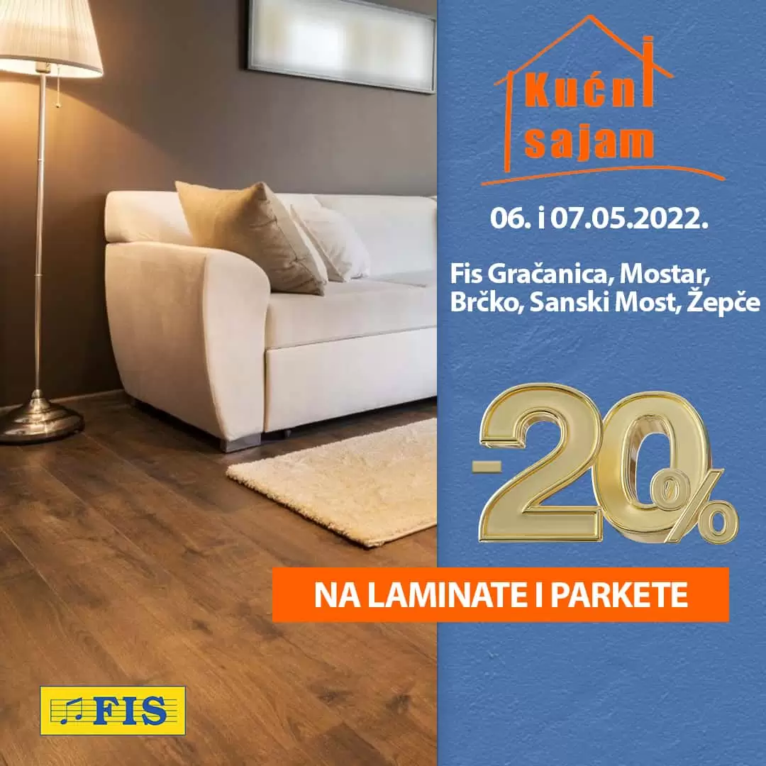 Ostvarite fantastičnih 20% popusta na laminate i parkete, različitih dekora i debljina te na lajsne, spojnice i kutnike.