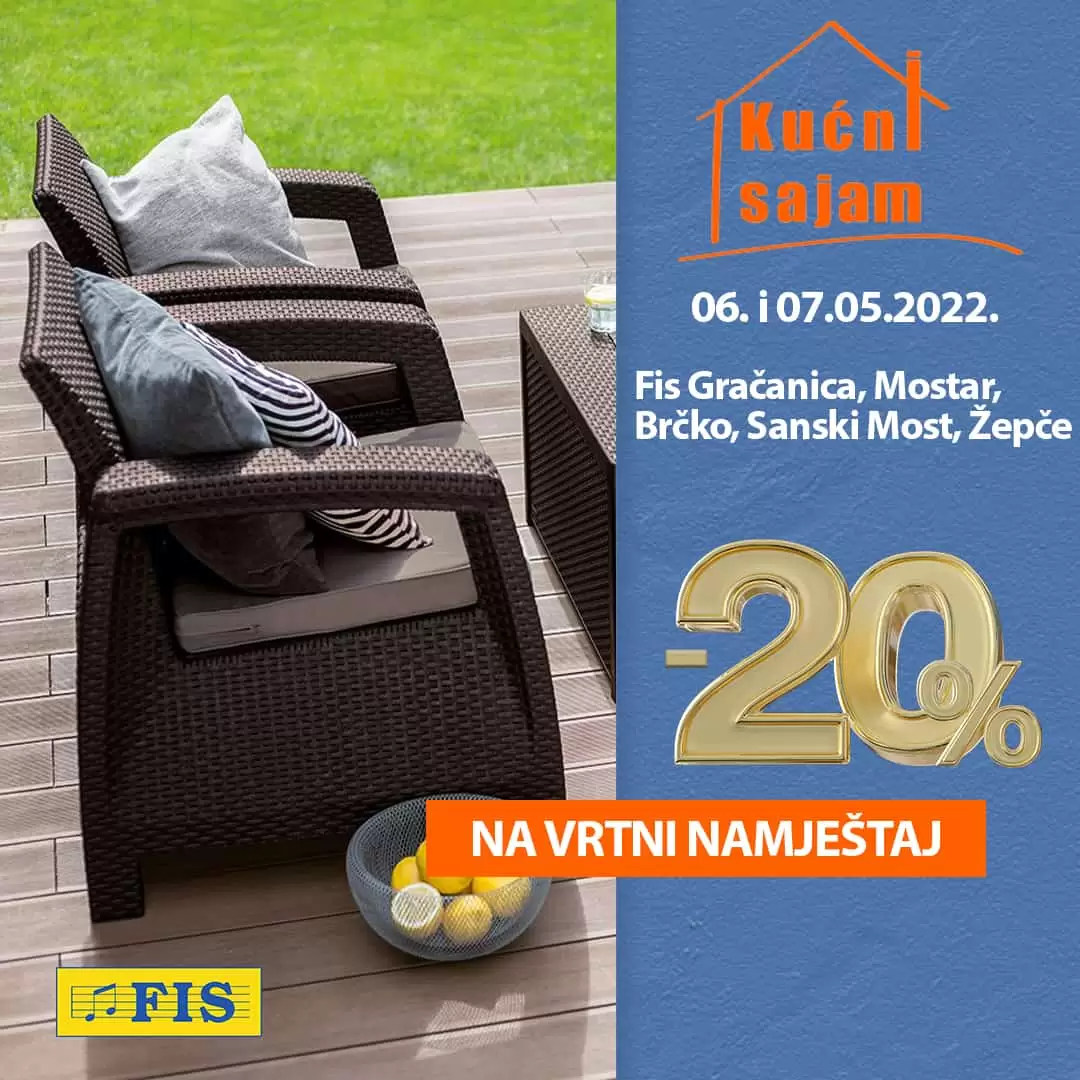 U FIS-ovoj ponudi možete pronaći rattan garniture, metalne i PVC stolove, stolice, ležaljke, ljuljačke, suncobrane, tende i još mnoštvo artikala za uređenje vrta, balkona, terasa i to sve također sniženo 20%. 