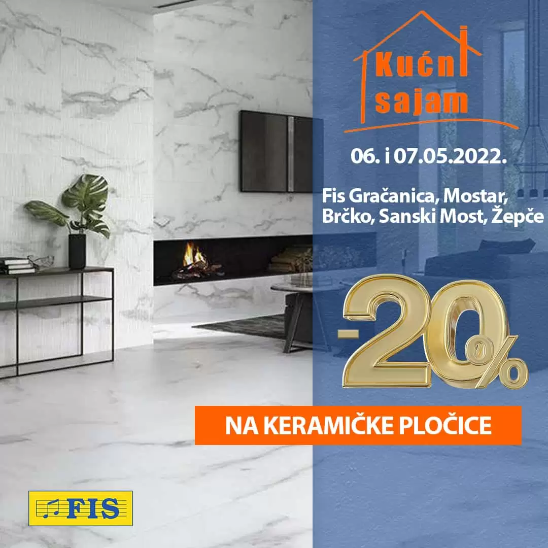 U FIS-ovoj ponudi možete pronaći podne, zidne, vanjske i unutarnje pločice kao i prateći pribor za postavljanje pločica: rezače pločica, ljepila, fug masu, završne lajsne i to sve sniženo 20%!