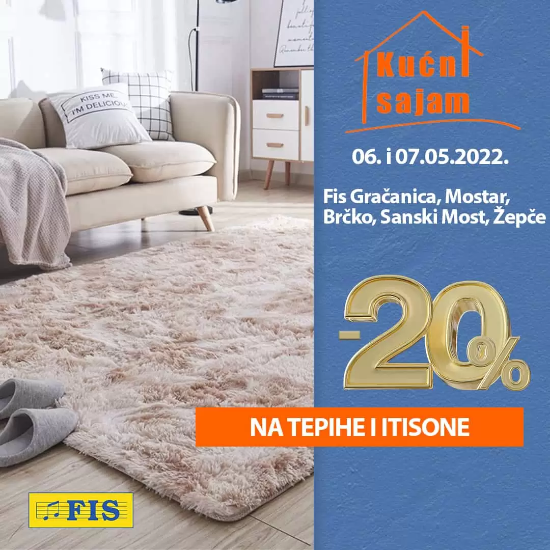 Iskoristite popust od fantastičnih 20% na tepihe, itisone, komadne staze, staze na rezanje, kupatilske prostirke, linoleume i sve ostale podne obloge.FIS –ova ponuda odlikuje se raznolikošću boja i dezena tepiha i itisona, različitih struktura.