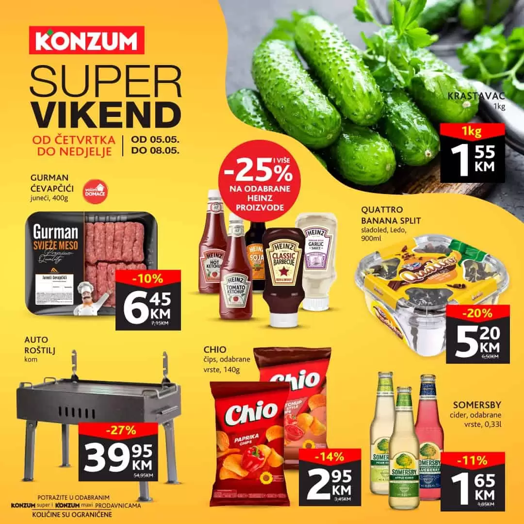 Konzum vikend akcija donosi nam snizenje rostilja, mesa za rostilj, heinz asortimana! Ustedite novac! Konzum SUPER VIKEND do 08.05.2022.
