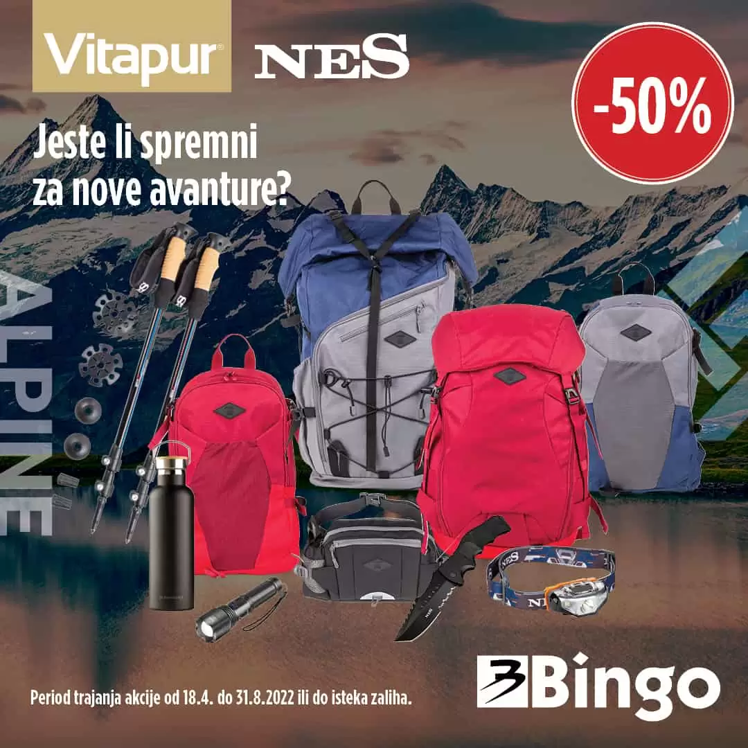 NES linija za planinarenje. BINGO Za ljubitelje planinarenja SNIŽENJE 50%, do 31.08.2022. Nes liniju za planinarenje koja se sadrži od ruksaka za planinarenje, torbe za pojas, ručne lampe, lampe za glavu, noža za preživljavanje , štapova za planinarenje i termos boce