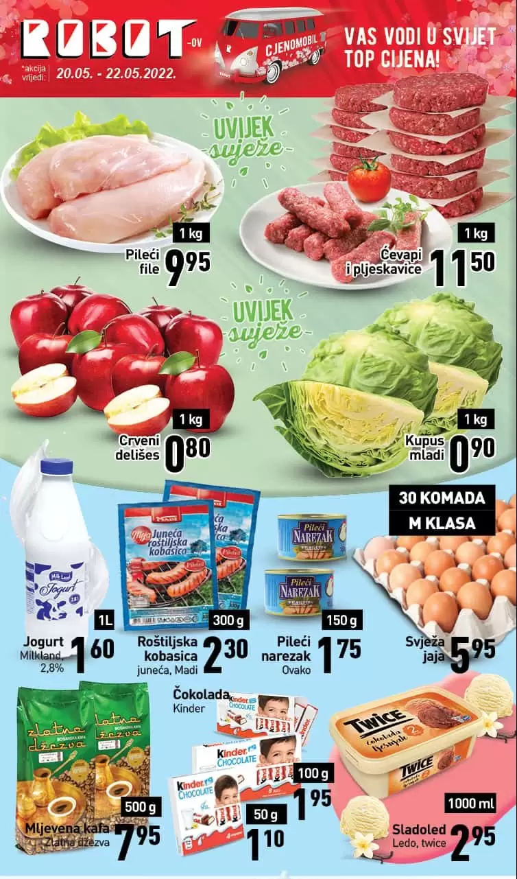 Robot vikend akcija donosi nam sjajne akcijske cijene! Na akcijske cijene piletine, jaja, kiselog mlijeka, kupusa,..