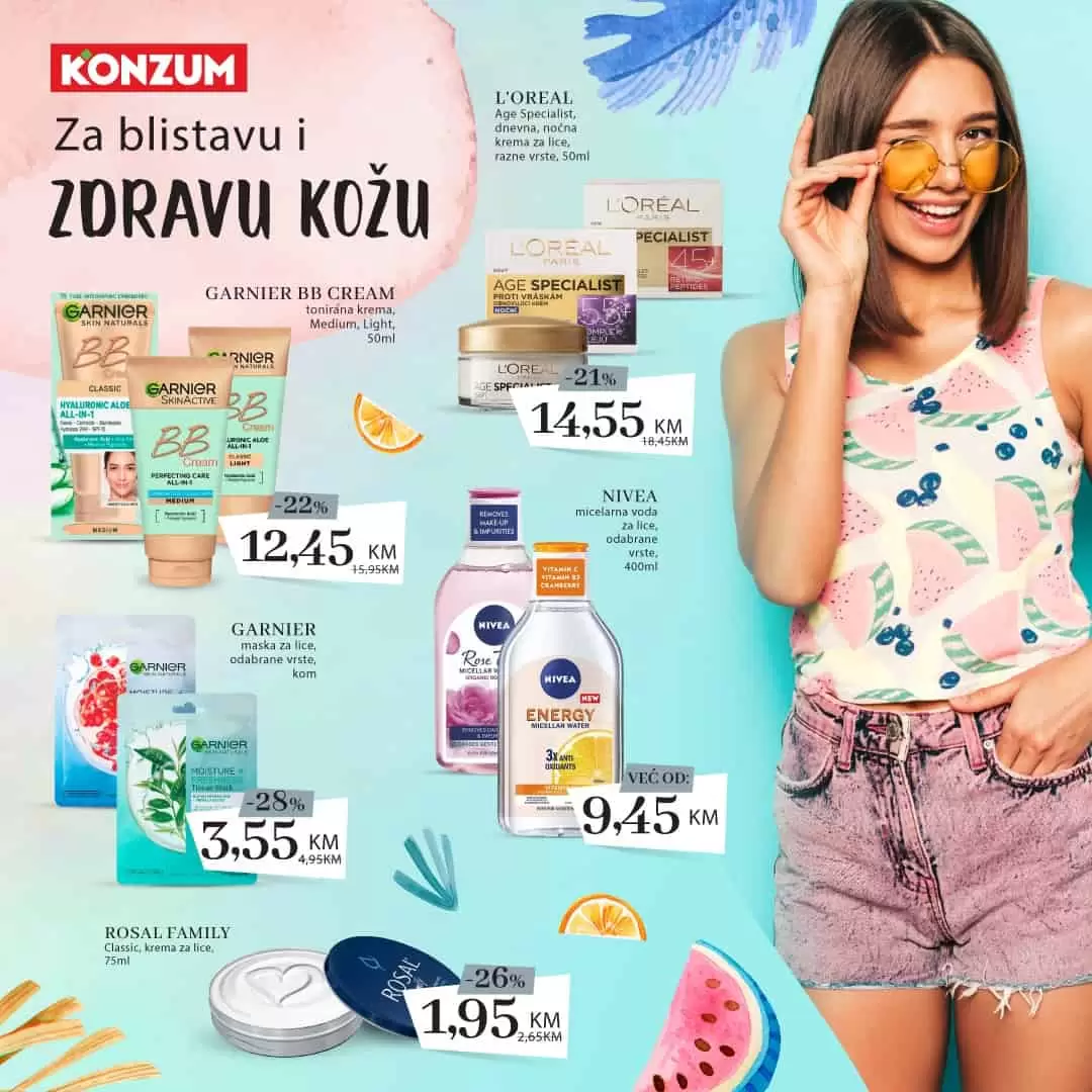 Ljeti naša koža traži nešto drugačiju njegu nego tokom ostatka godine. U Konzumu potražite sve što vam je potrebno za lijepu, zdravu i njegovanu kožu.