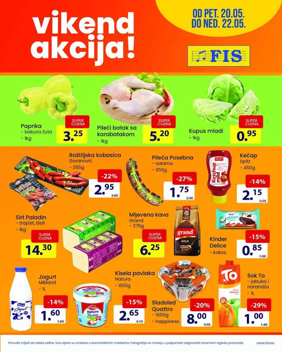 Fis vikend akcija donoosi nam sniženje cijene pilecih bataka, povrca, mlijecnih proizvoda! Posjetite FIS prodavnice i kupujte po sniženim cijenama!