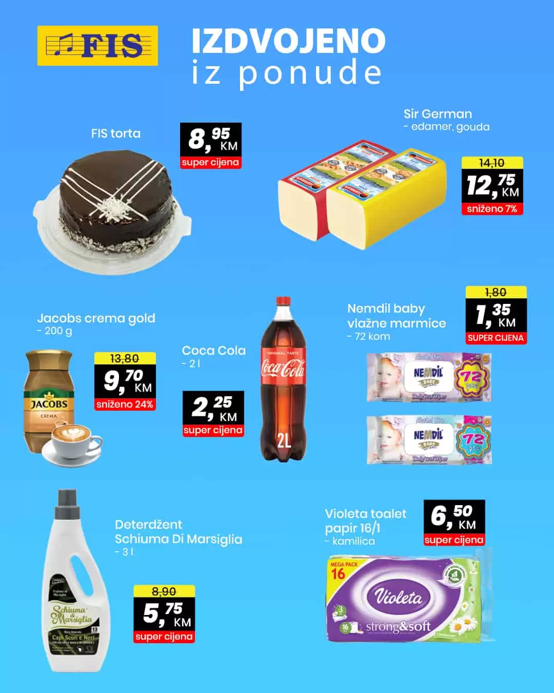 U Fis prodajnim centrima na odjelima prehrane i hemije pronadjite akcijske cijene!