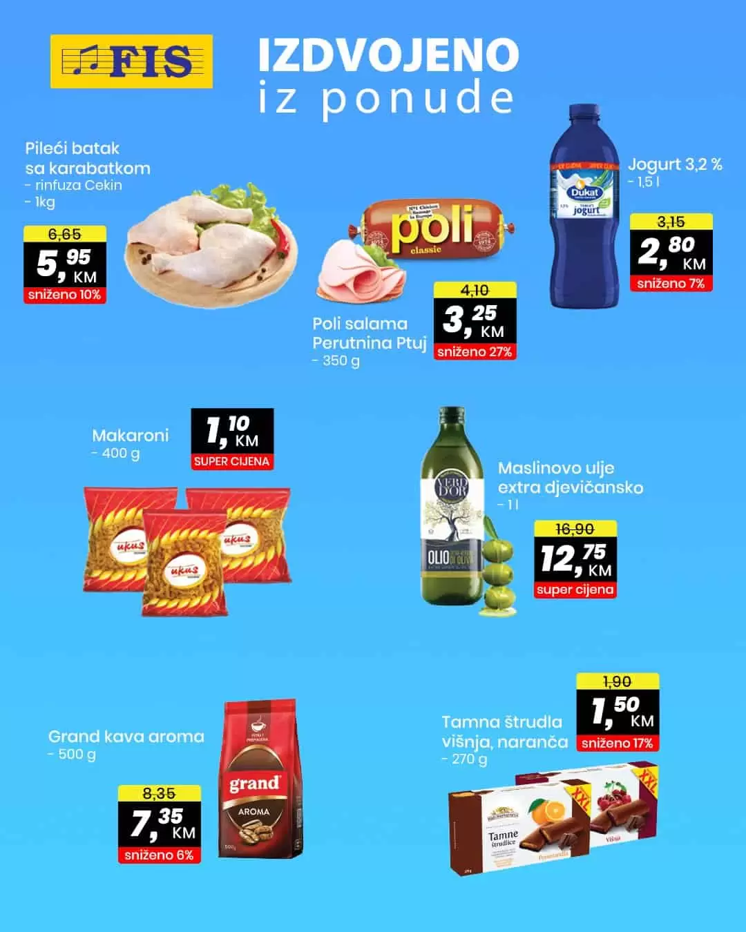 U Fis prodajnim centrima na odjelima prehrane i hemije pronadjite akcijske cijene!