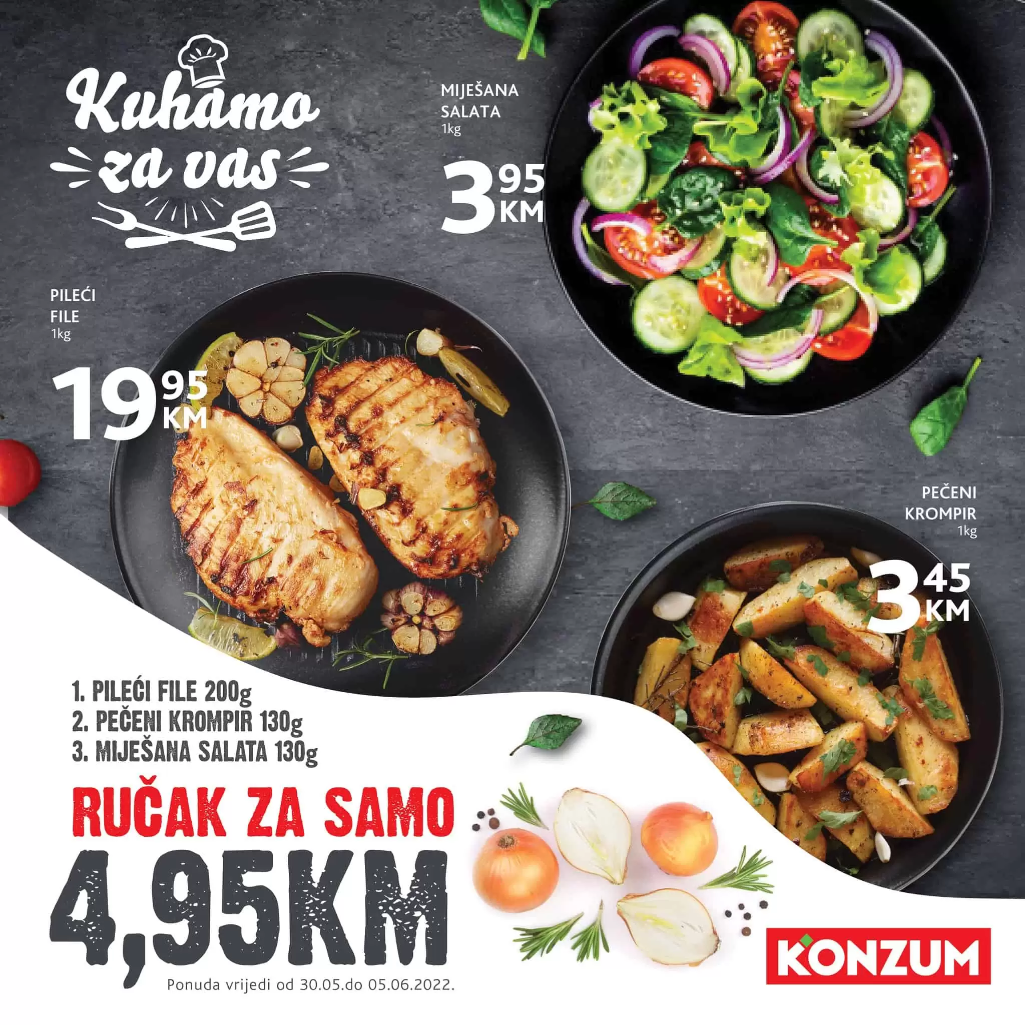 Konzum gastro odjel donosi nam ukusna jela poo super cijena. Gotovo jelo samo 4,95 KM.