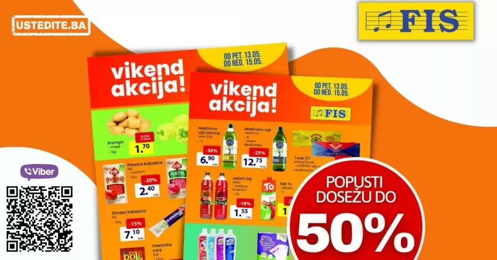 Fis vikend akcija donosi nam popuste do 50% na odabrane prehrambene prozivode i kucne hemije! Brzo u Fis prodavnice!