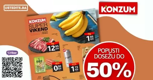 Konzum vikend akcija donosi nam popuste i do 50% na hrani! Kupujte prehrambene proizvode po sniženim cijenama! Uživajte u pogodnostima koje nam donosi Konzum katalog!