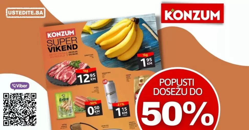 Konzum vikend akcija donosi nam popuste i do 50% na hrani! Kupujte prehrambene proizvode po sniženim cijenama! Uživajte u pogodnostima koje nam donosi Konzum katalog!