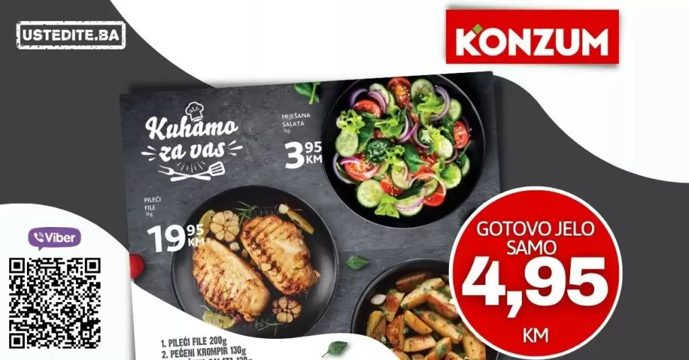 Konzum gastro odjel donosi nam ukusna jela poo super cijena. Gotovo jelo samo 4,95 KM.