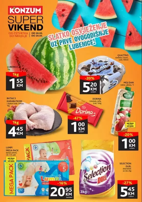 Konzum vikend akcija donosi nam popuste i do 50%! Iskoristite i uštedite novac! Konzum vikend akcija 26-29.05.2022. godine 