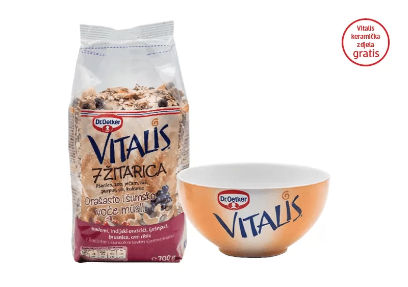 Kupovinom Dr.Oetker Vitalis muslija od 7 žitarica, orašastog i šumskog voća od 700 g, na kasi preuzmite Vitalis keramičku zdjelu na poklon.