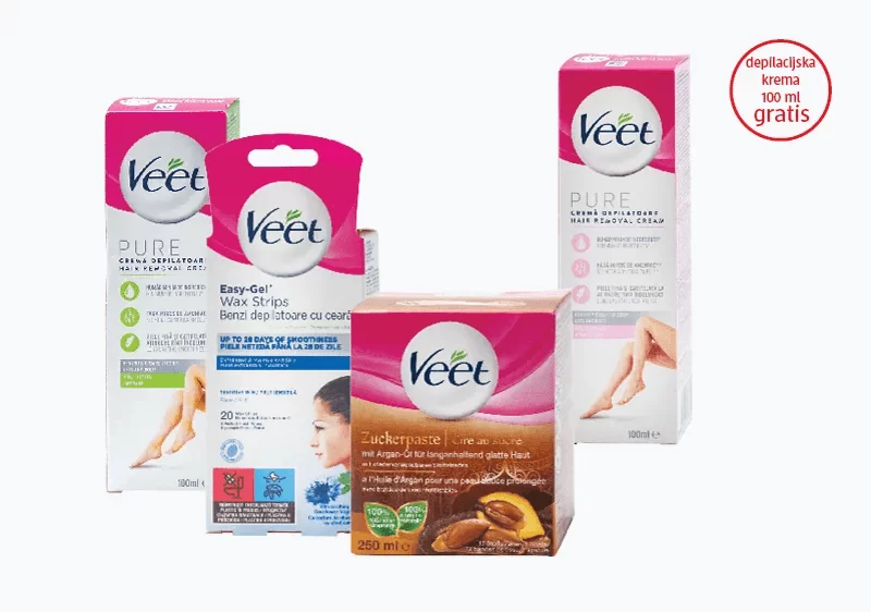 Kupovinom bilo koja dva Veet proizvoda za depilaciju, na kasi preuzmite Veet depilacijsku kremu za normalnu kožu od 100 ml na poklon.