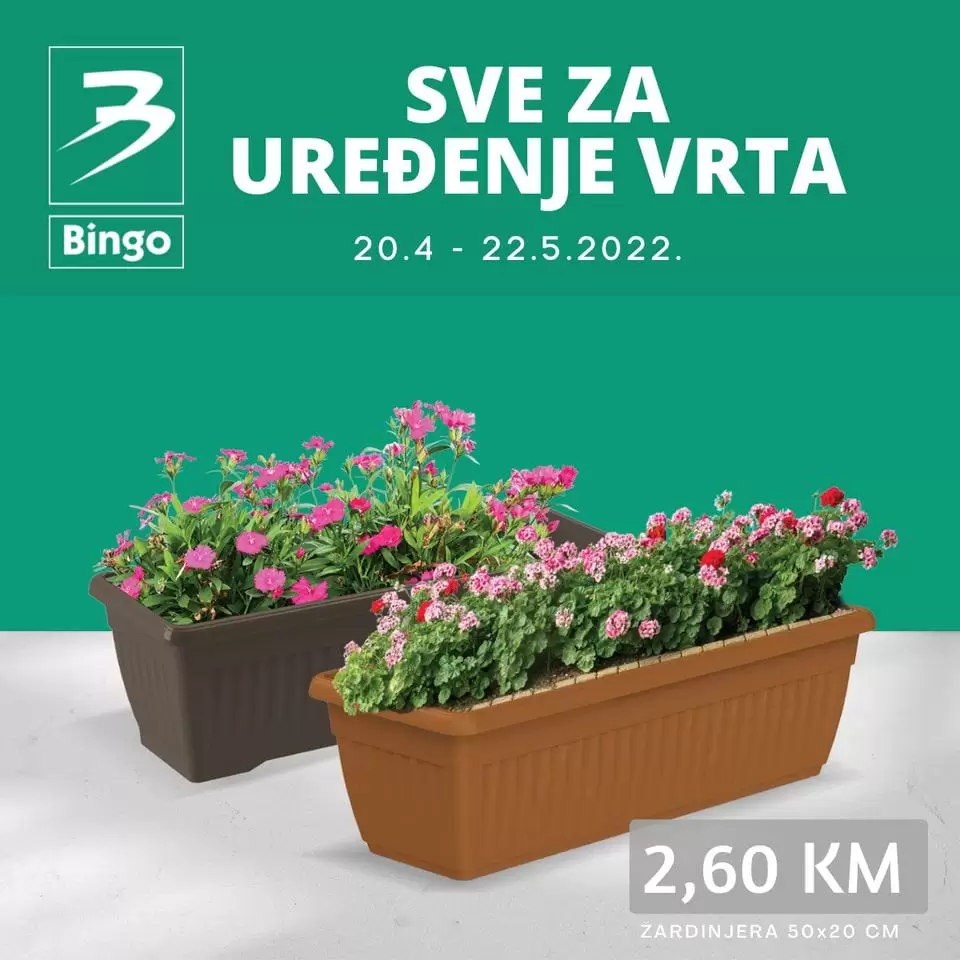 Sve sto vam je potrebno za uredjenje vrta/baste/balkona =pronadjite u Bingo prodavnicama! Odlične akcijske cijene čekaju na vas!