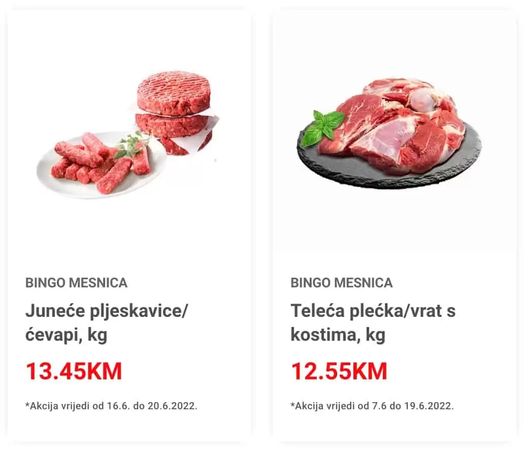 Bingo katalog donosi nam super akciju snizenja hrane, svjezeg mesa, gotovih jela, svjezih peciva sa odjela pekare