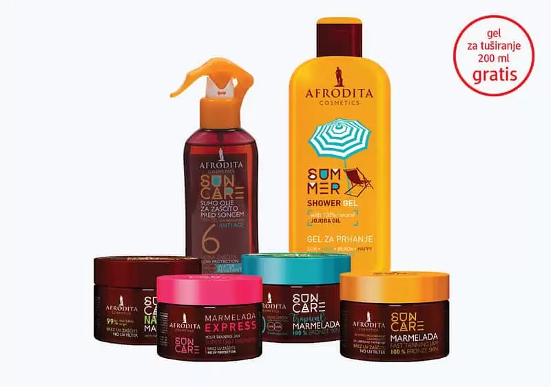 Kupovinom bilo koje AFRODITA COSMETICS marmelade za sunčanje, na kasi preuzmite AFRODITA COSMETICS Summer gel za tuširanje od 200 ml na poklon.