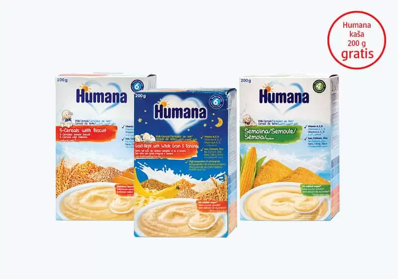 Kupovinom Humana kaša od 200 g od žitarica i keksa ili kaše za laku noć, na kasi preuzmite Humana kašu s grizom od 200 g na poklon.