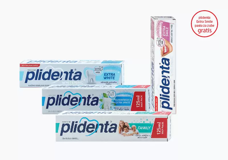 Kupovinom bilo koje plidenta paste za zube, na kasi preuzmite plidenta Extra Smile pastu za zube od 75 ml na poklon.