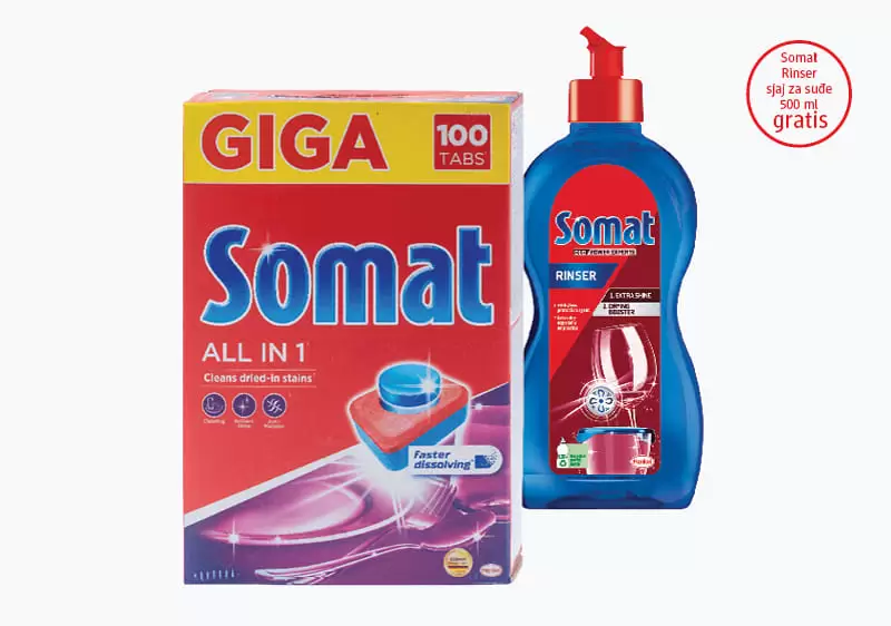 Kupovinom Somat All In 1 tableta za mašinsko pranje suđa od 100 kom., na kasi preuzmite Somat Rinser sjaj za suđe od 500 ml na poklon.