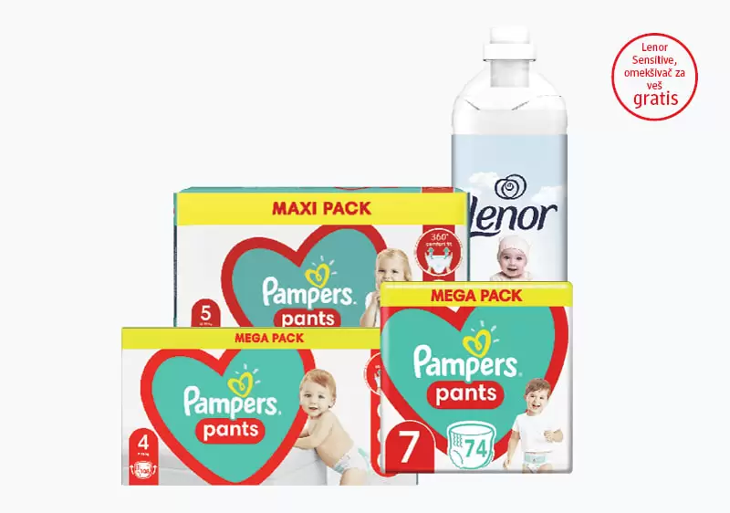 Kupovinom bilo kojih Pampers Mega Pack gaćica pelena, na kasi preuzmite Lenor Sensitive omekšivač za veš od 1,71 l, 57 pranja, na poklon.