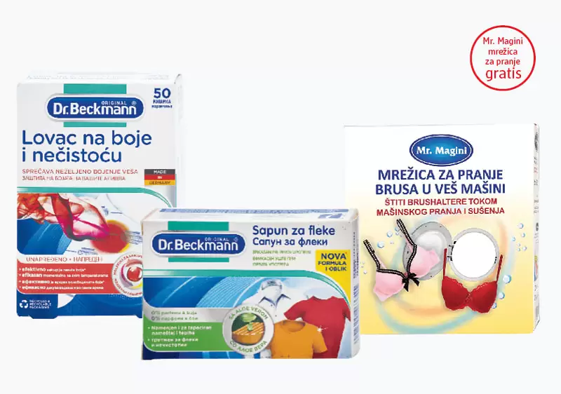 Kupovinom proizvoda Dr.Beckmann** Lovac na boje i nečistoću od 50 kom. i Dr.Beckmann sapuna za fleke, na kasi preuzmite Mr.Magini, mrežicu za pranje grudnjaka na poklon.