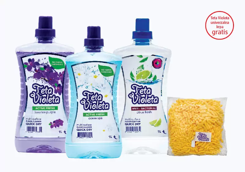 Kupovinom Teta Violeta sredstava za čišćenje poda od 1 l, na kasi preuzmite Teta Violeta univerzalnu krpu za pod na poklon.