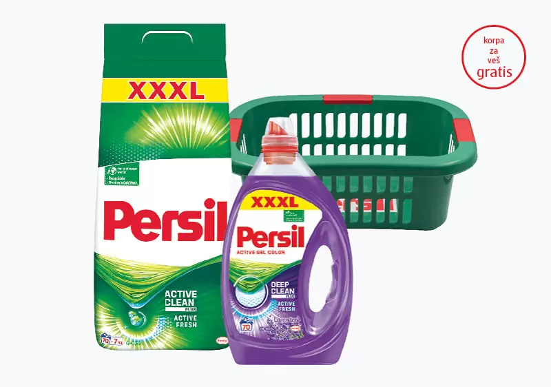 Kupovinom Persil Regular deterdženata za pranje veša od 7 kg ili Persil Lavanda Color deterdženta za pranje veša u gelu od 70 pranja, na kasi preuzmite korpu za veš na poklon.