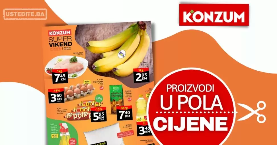 Konzum vikend akcija PROIZVODI U POLA CIJENE - akcija 23-26.2.2023.