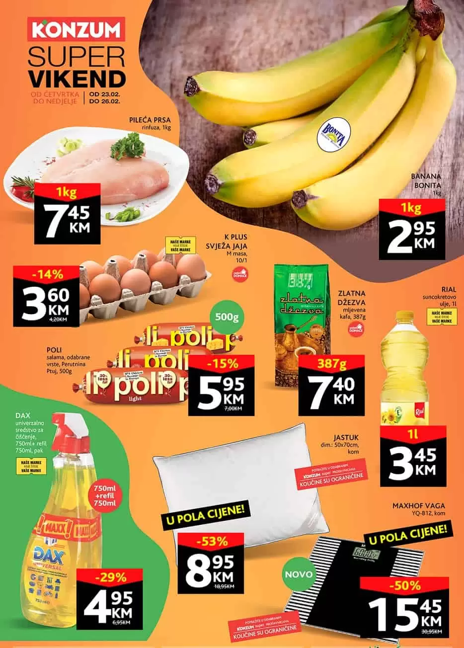 Konzum vikend akcija PROIZVODI U POLA CIJENE - akcija 23-26.2.2023.